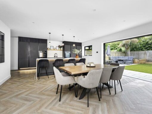 aldsworth-IMG_9488-optimized Open-plan kitchen and dining area with parquet flooring, part of a full renovation project in Aldsworth.