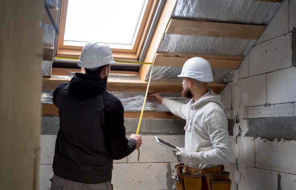 Two builders measuring roof space under a skylight during a loft conversion project.