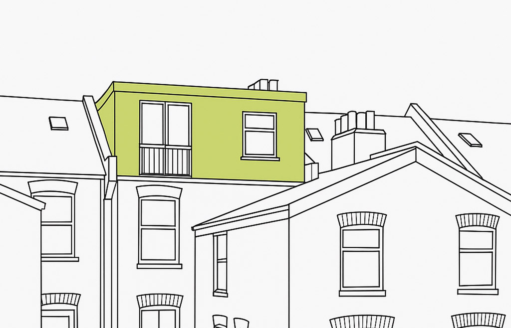 Visual diagram of a dormer loft conversion with a flat-roofed extension projecting from the rear roof slope.