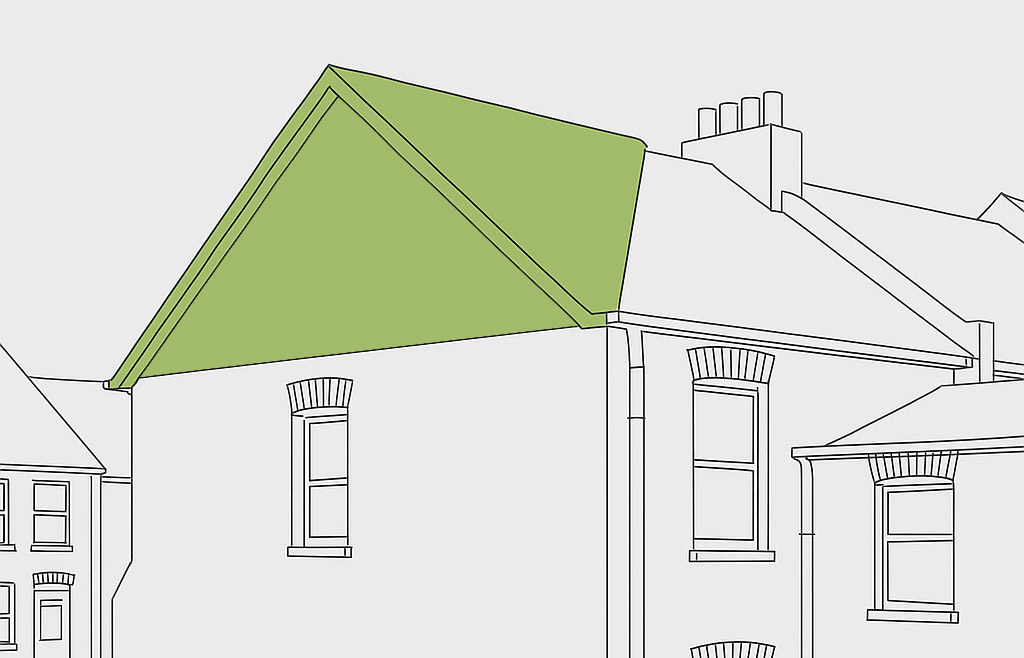 Illustration of a hip-to-gable loft conversion showing the roof extended vertically to create a gable end.
