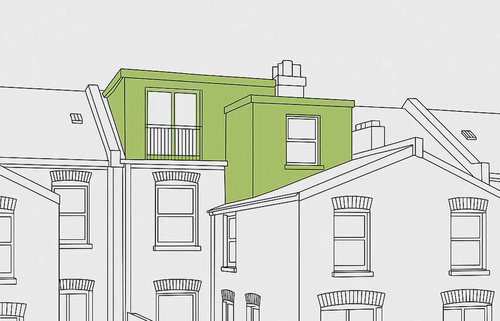 Illustration of an L-shaped dormer loft conversion built over both the main roof and rear outrigger.
