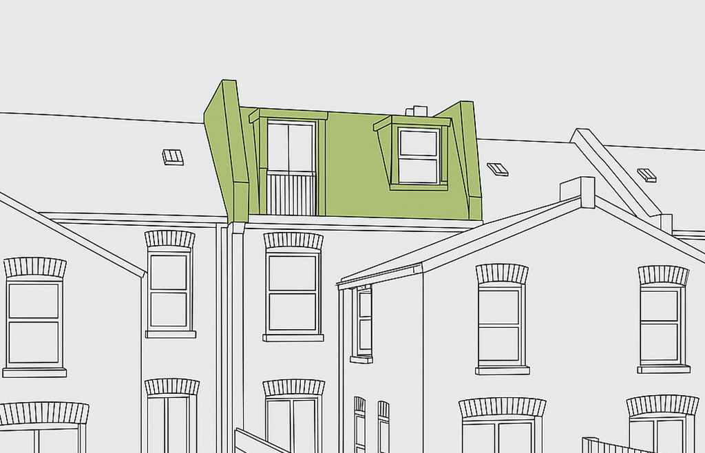 Illustration of a mansard loft conversion featuring steep rear walls and a flat roof for maximum interior height.