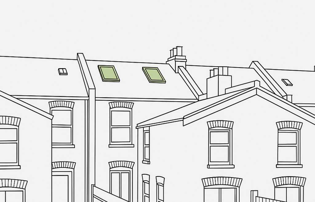 Diagram showing roof light loft conversion with skylights installed flush into the original pitched roof.