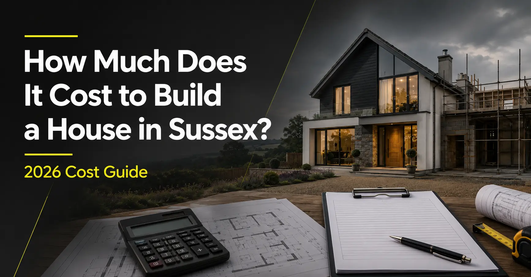 Modern Sussex house under construction with architectural plans, calculator and budgeting documents for a 2026 house-building cost guide New Build Homes Cost Guide: What to Budget in Sussex