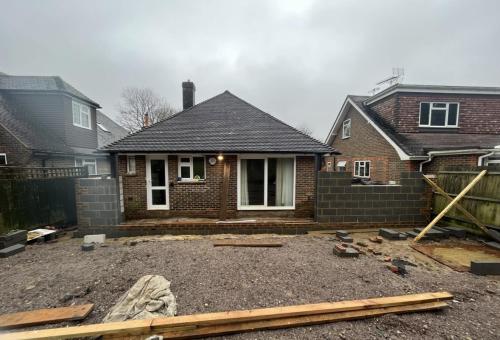 Completed new roofing structure during early extension phase in Aldsworth home renovation project.