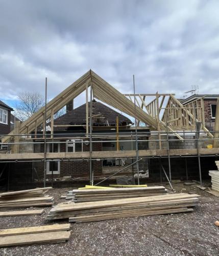New loft structure framed and supported with scaffolding – part of full renovation and extension in Aldsworth.