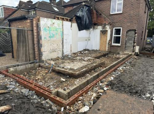 Partial demolition at rear of property in Fenns Lane before new extension build begins.