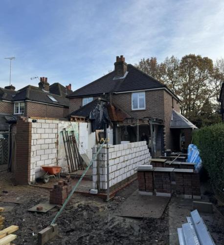 Ongoing rear extension project in Fenns Lane – structural blocks and groundwork taking shape.