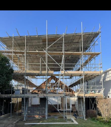 External scaffolding and timber roof structure in development at Ocean Drive residential site in Worthing.